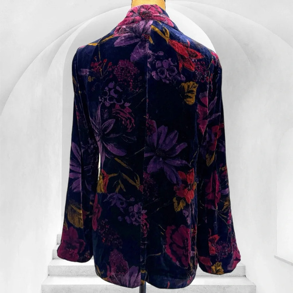TRINA TURK silk velvet navy floral grand garden loose blazer jacket lapel M - Picture 2 of 9